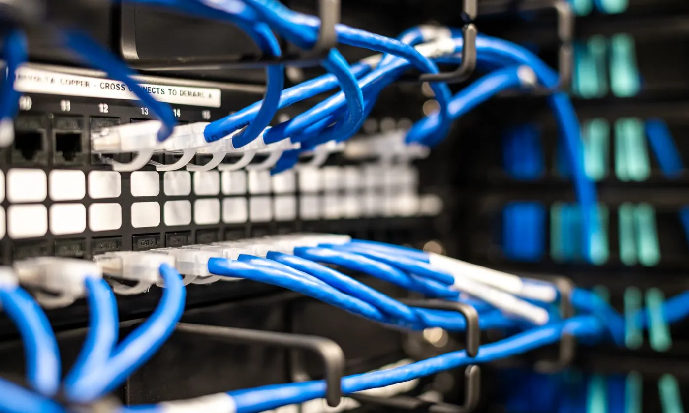 Blue copper network patch cables connected to equipment ports